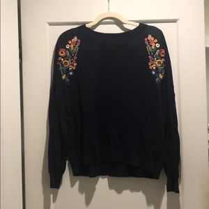 ZARA thin embroidered crew neck Navy long sleeve